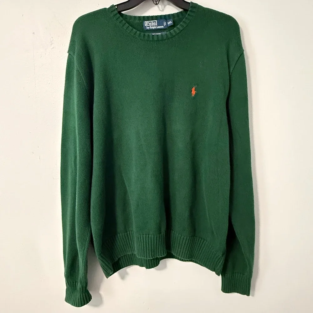Polo Ralph Lauren Mens XXL Green Cotton Crewneck Sweater‎ Orange Pony Logo